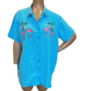 Bobbie Brooks Gingham Embroidered Flamingo Button Down Top 18W/20W #192J